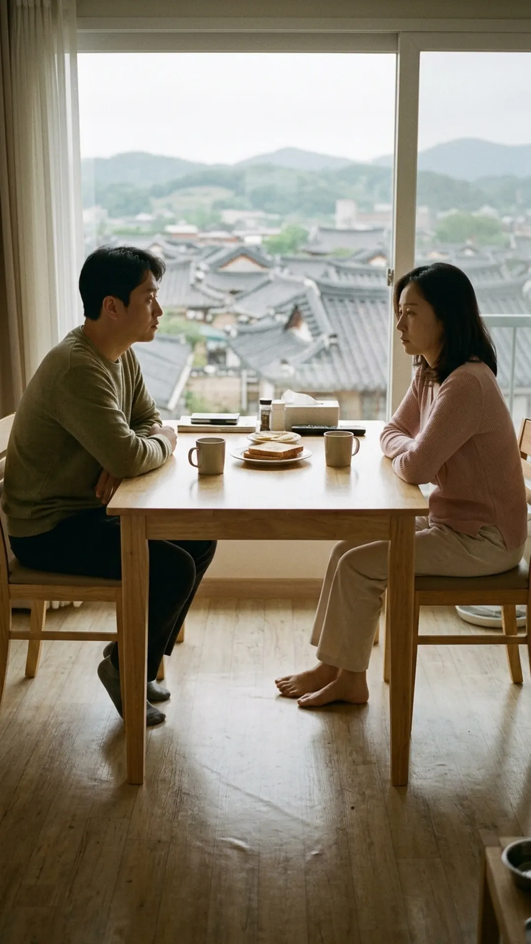 거실 식탁에 마주 앉아 이야기를 나누는 부부 — 연출 이미지