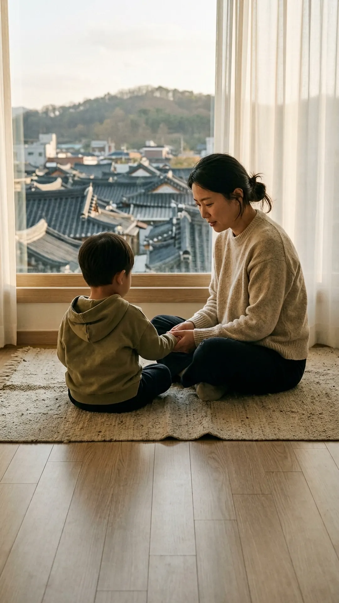 거실 바닥에서 아이와 마주 앉아 대화하는 부모 — 연출 이미지