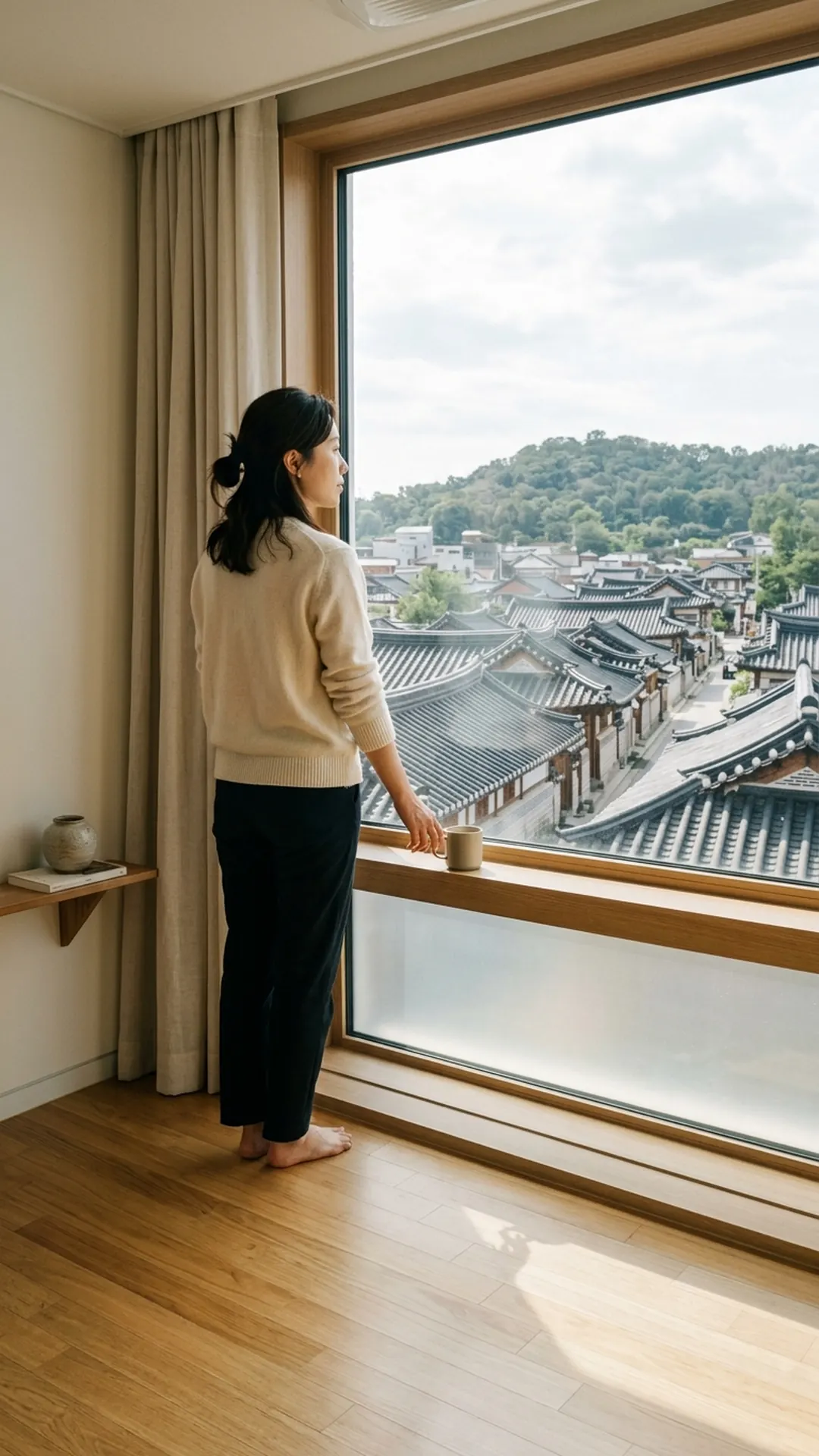 창가에 서서 생각에 잠긴 여성 — 연출 이미지